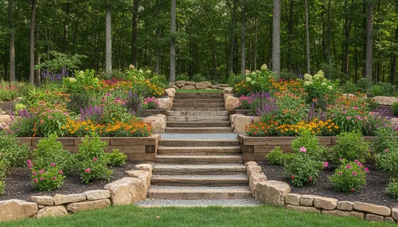Terraced garden with timber steps and native plants by Memphis landscaping experts in Proctor, AR