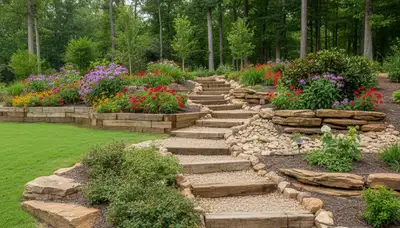Terraced garden with timber steps and native plants by Memphis landscapers in Southaven, MS