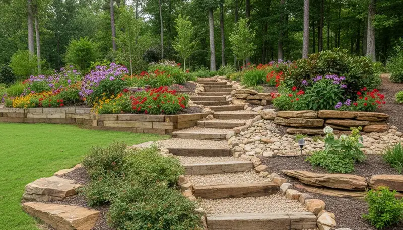 Terraced garden with timber steps and native plants by Memphis landscapers in Southaven, MS