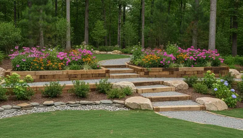 Terraced garden with timber steps and native plants in Walls, MS by Memphis, TN landscape design experts