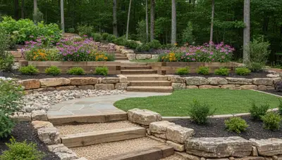 Terraced garden with timber steps and native plants by Memphis landscapers in West Memphis, AR
