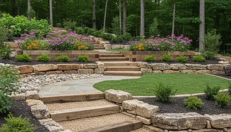 Terraced garden with timber steps and native plants by Memphis landscapers in West Memphis, AR